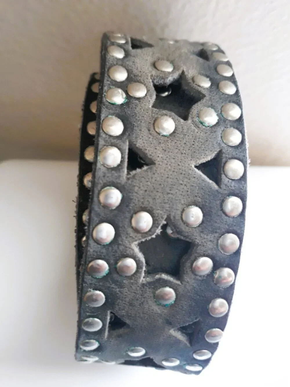 Gray Leather Brass Studded Star Belt & Brass Buckle Grunge Goth Biker Punk